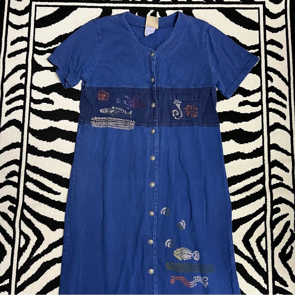 Vintage Blue Cactus XL Linen Hand Painted Lagenlook Maxi Dress Button Front Blue